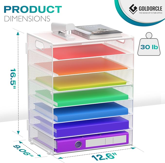 8 Tier Paper Letter Tray Organizer with Handles for Desk (White) | Mesh Desk File Holder Storage Organization for Home School Classroom & Office