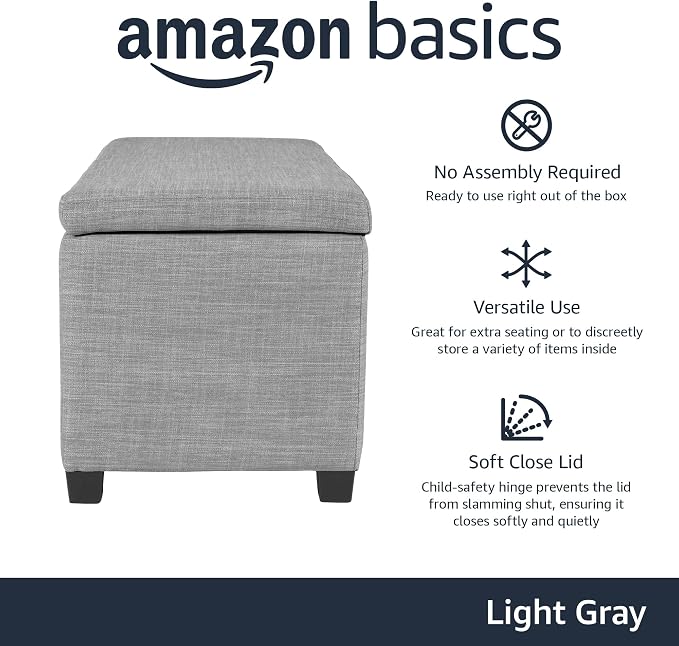 Amazon Basics Upholstered Rectangular Storage Ottoman Bench for Entryway, Living Room, Bedroom, Light Gray, 35.5"W x 16.5"D x 17"H, No Assembly Required