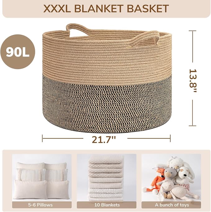 INDRESSME XXXLarge Woven Wicker Blanket Basket Living Room Black Jute, 90L | Wicker baskets for organizing shoe, dog toys & pillows. For living room bedroom or nursery decor. soft-touch with handles