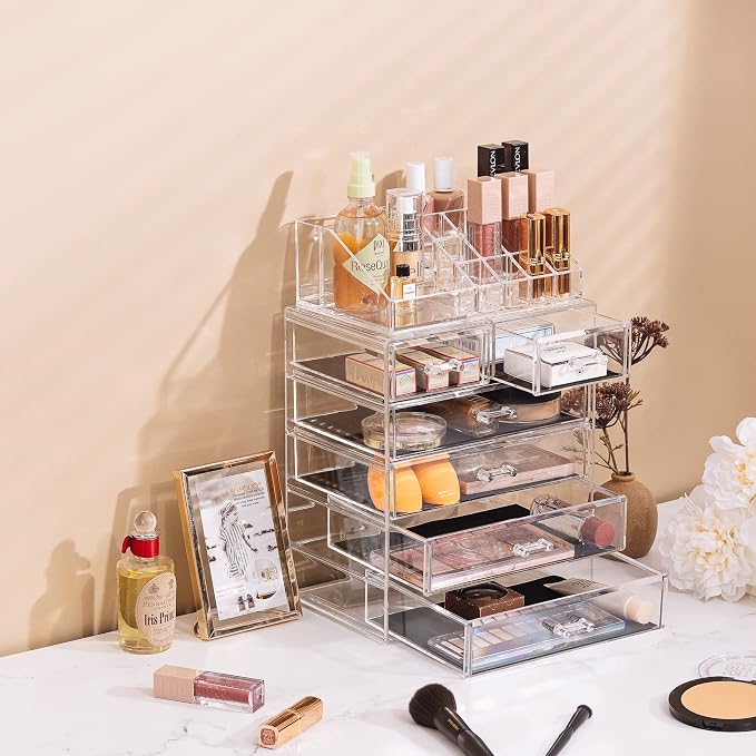 Sorbus Acrylic Makeup Organizer Set, 6-Drawer Vanity & Countertop Cosmetic Storage with Small & Wide Compartments, Clear Makeup Storage for Brushes, Jewelry – Holiday Gift for Women & Teens