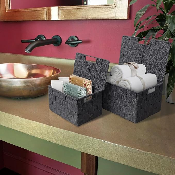 Sorbus Set of 3 Hand-Woven Storage Baskets with Lids – Mesh Organizers for Linen Closet, Shelves, or Home Storage – Variety Pack (Gray)