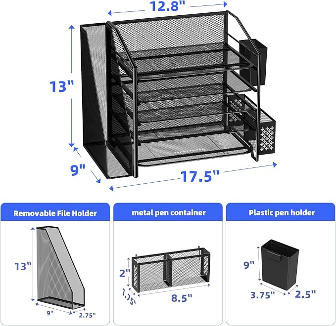 Simple Trending 5-Tier Desk File Organizer, Paper Organizer, Black | Adjustable Letter Trays, Pen Holder & File Shelf, Durable Steel Mesh, Space Saving, for Home Office, 17.5"L x 9"W x 13"H