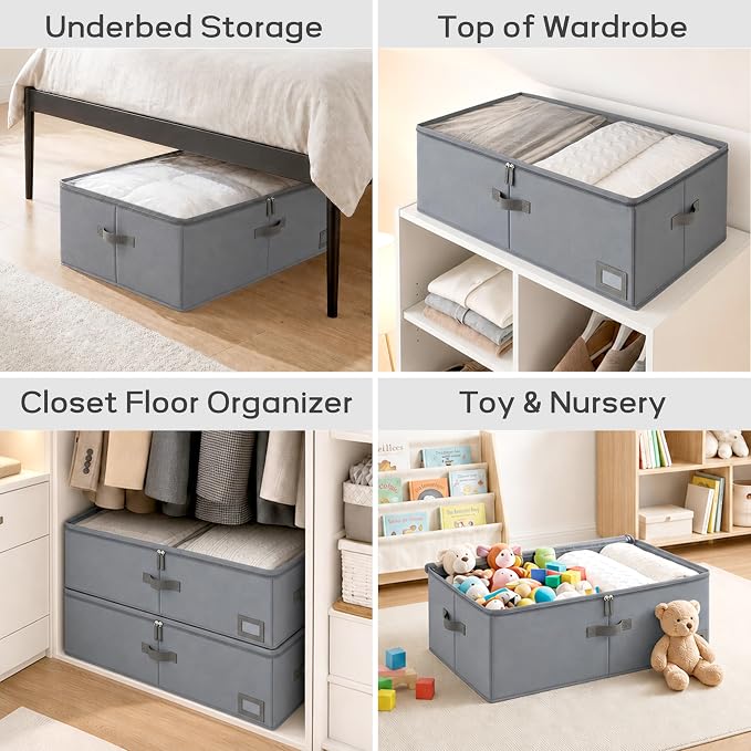 10" High Capacity Under Bed Storage Bins (2-Pack, Grey), Deep 600D Heavy Duty Oxford Fabric Storage Box for King Size Comforters, Pillows & Large Blankets