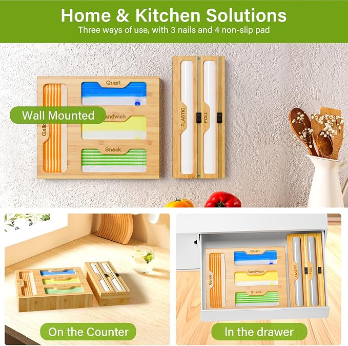 KOCWELL Bamboo Bag Storage Organizer - 2 Wrap Dispenser with Cutter & 4 Slots Food Storage Bags Container - Kitchen Drawer Plastic Bags Storage Organization for Gallon Quart Sandwich Snack Bags