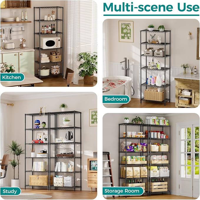 SINGAYE 6 Metal Shelves Wire Shelving Storage Shelf Adjustable Unit Pantry | 6 Tier Kitchen Laundry Room Organization Home Pantry Closet Bathroom Organizers Garage Rack 14" D x 24" W x 72" H Black