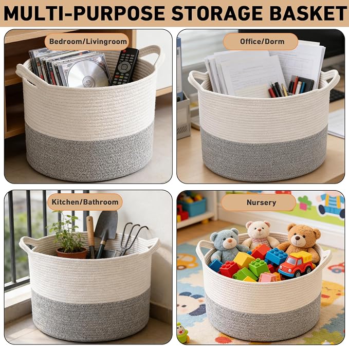 90L Extra Large Blanket Basket,Woven Rope Laundry Basket-White&Grey | Collapsible, reinforced handles, nursery storage bin organizes clothes, toys and pillows for living room, bedroom bathroom
