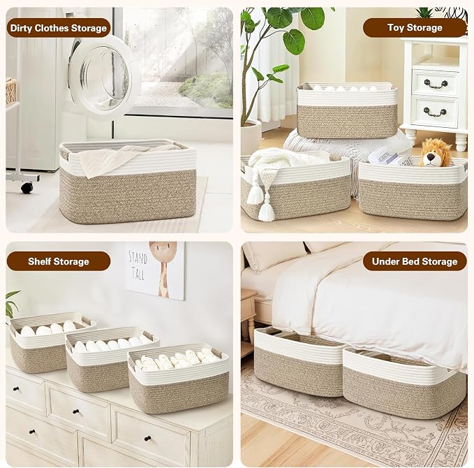 2 Pack Large Storage Basket for Organizing, 17.5"x13"x7" Woven Basket for Shelves, Closet Cube Storage Bins with Wrapped Handle, Cotton Rope Baskets for Kitchen, Clothes, Toys(Off White & Brown)
