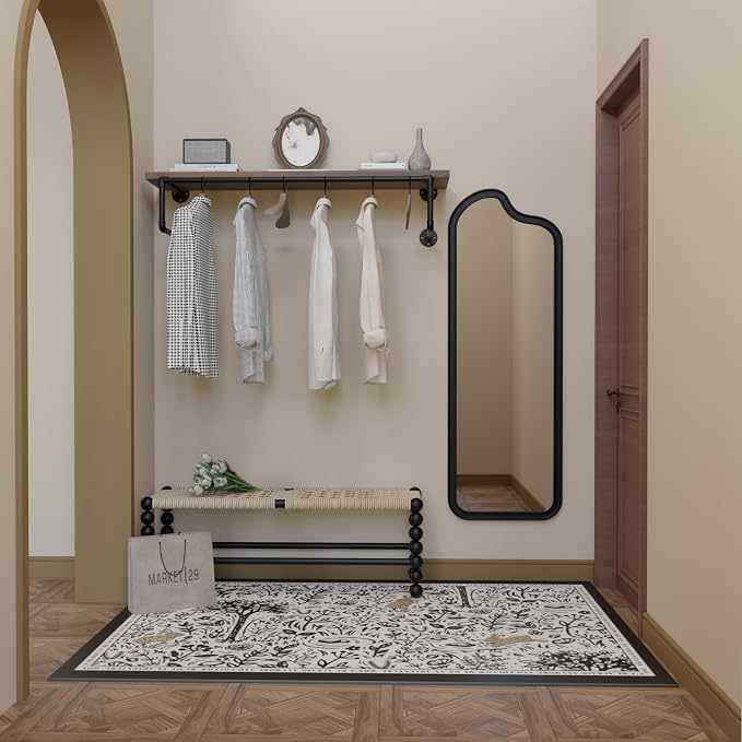 Clothes Rack 42in, Wall Mounted Garment Racks with Real Walnut Wood Shelf, Heavy Duty Hanging Clothes Rack, Multi-Purpose Hanging Rod, Space-Saving Closet Storage