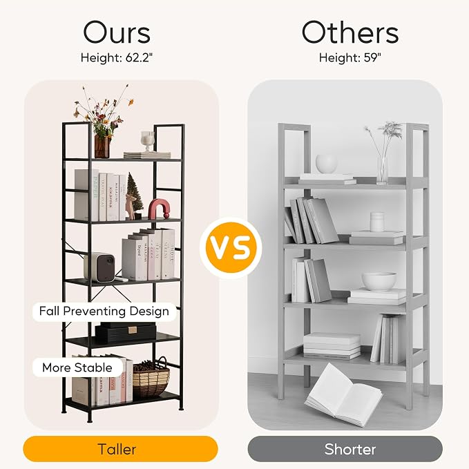 HealSmart 5 Tier Bookshelf, Free Standing Book Shelf Home Office Bookcase Shelf Storage Organizer for Bedroom, Living Room, Bathroom, Office, Balcony, Black