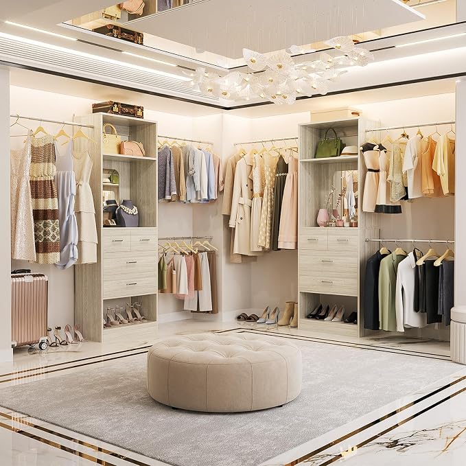 Unikito 8FT Closet System with Mirror and 3 Extendable Hanging Rods | 96 Inch Walk-in Closet Organizer with 25" Tower, 4 Wood Drawers, Customizable and Sturdy Closet Insert, White Oak