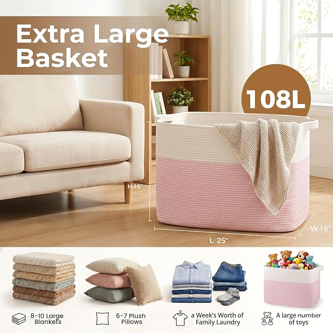 OIASKET 108L Cotton Rope Storage Basket for Living Room and Bedroom 25"x16"x16" Woven Laundry Basket, Heavy Duty Bin for Blankets, Pillows & Toys, Pet-Safe & Scratch-Free, Pink and White