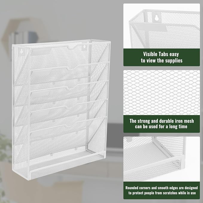 EASEPRES 6 Tier Mesh Hanging Wall File Organizer, Desk Vertical Mail Paper Document Folder Holder Rack with Bottom Tray and Nametag Label for Office Home School, White