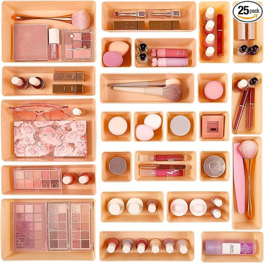 Vtopmart 25 Pack Plastic Drawer Organizers with Non-slip Rubber Pads | 4-Size Versatile Makeup Organizer, Storage Containers Small Bins for Makeup, Jewelries, Bedroom, Kitchen Utensils and Office