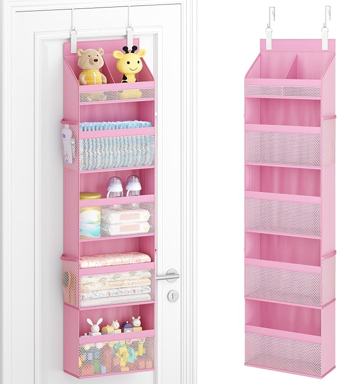 Lifewit Baby Over the Door Hanging Organiser, Hanging Shelves with Transparent Pockets for Stuffed Toys for Children's Room, Baby Items in the Pantry, Bedroom, Wardrobe, (Pink, 5 Tier)