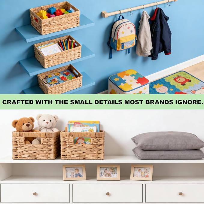 Handwoven Wicker Storage Basket with Built-In Handles - Decorative Rectangle Organizer Bin for Shelves, Closet, Bathroom, Kitchen & Living Room - Durable Eco-Friendly Storage Solution (Large 1-Pack)