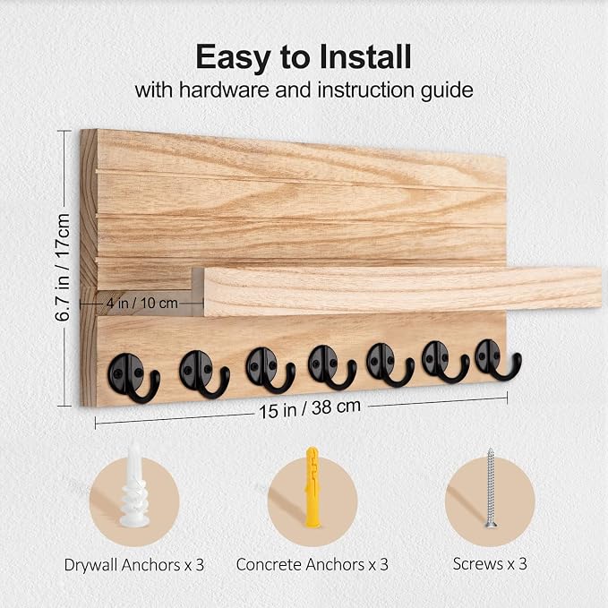 Lwenki Key Holder Wall Mount, Entryway Key and Mail Holder with 7 Sturdy Hooks for Sunglasses, Dog Leash, Decorative Wall Shelf with Mounting Hardware, 15”W x 6.7”H x 4.2”D (Wood)