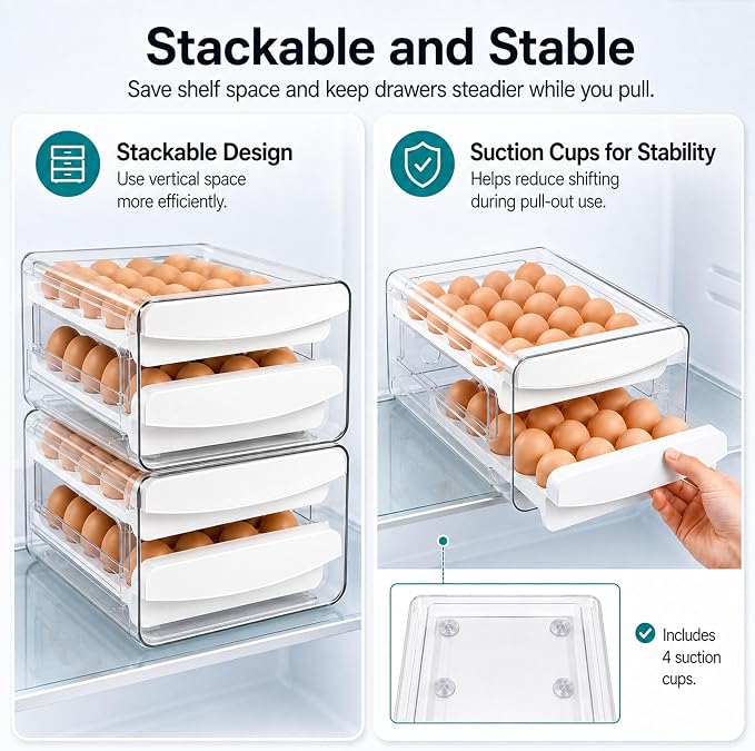 Egg Holder for Fridge, 40-Count Egg Organizer for Refrigerator with Drawers