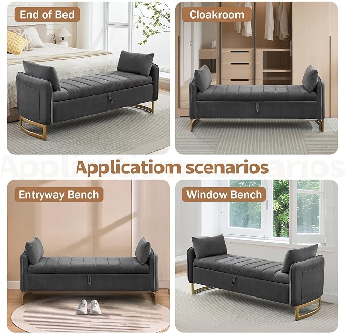 66" King Size End of Bed Storage Bench, Storage Benches for Bedroom Foot of Bed, Upholstered Storage Ottoman Bench with Golden Legs and Pillow for Living Room Window Entryway, Velvet Dark Grey