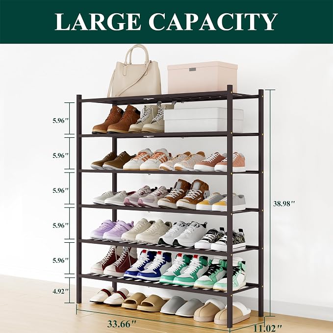 Smiry Bamboo Shoe Rack, 12 Vertical Slats, 6 Tier - 33.7" Wide, Brown | Stackable Free Standing Wooden Shoe Organizer, Wood Shoe Storage Shelf for Closet, Entryway