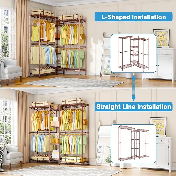 Ulif E4 Clothes Rack, Heavy-Duty Garment Rack Can Be L-Shaped Closet System | Bronze Metal Freestanding Clothing Organizer Storage System with Shelves and Hangers, Load 962lbs, 71.6"W x 14.5"D x 79.3"H