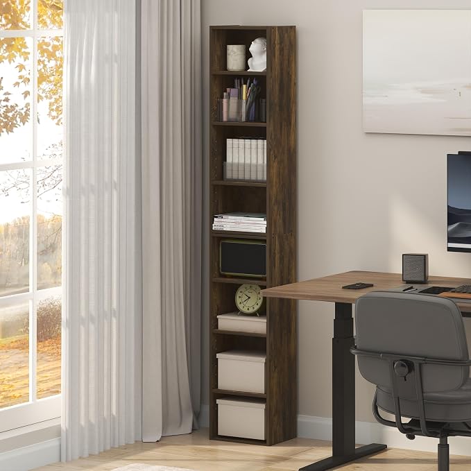 Furinno PASIR Book Shelf, 8-Tier Bookshelf, Bookcase with Open Shelf, 9.3 x 11.8 x 70.9, for Living Room, Bedroom, Home Office, Amber Pine