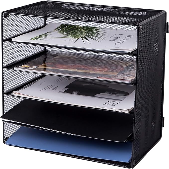 5 Slot Mesh Desk Organizer Tray, File Paper Letter Folder Holder Desktop Paper Sorter Mail Organization Rack Storage Accessories, for Office Home School Classroom, Black, 2 Pack