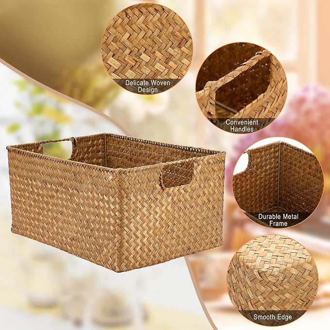 Hipiwe Seagrass Storage Baskets Bin for Shelf Large Handwoven Wicker Basket | Rectangular Bedroom Bathroom Organizer Built-in Handles, Multipurpose Woven Basket Bin Boxes,14.6"x 10.6"x 7.1"