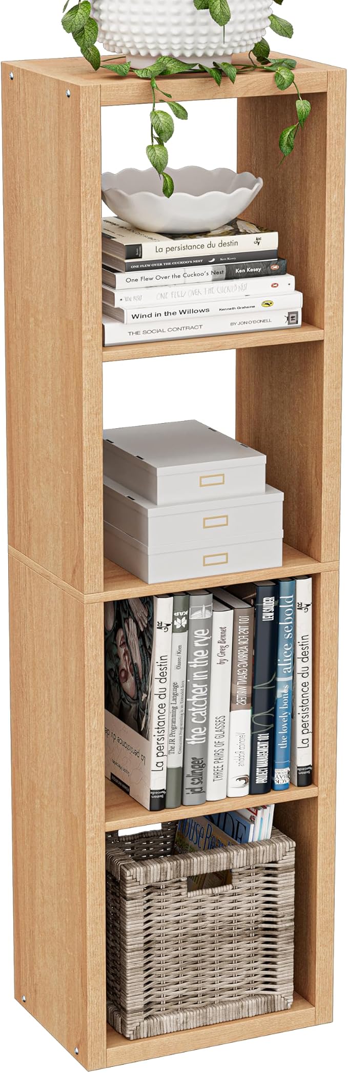 VDNEND Cube Storage Organizer Bookcase, Small 4 Tier 11 inch Open Back Cubical Shelf with Thickened Border, Display Bookshelf for Living Room, Home Office, Sturdy Room (Natural Oak, 4 Cube,Vertical)