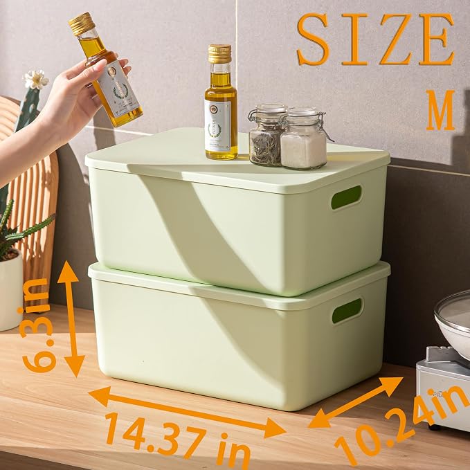 4 pack large plastic White storage bins with Lids, Toy Box Chest with Handle，Organizer Containers Baskets for Baby,Nursery，Shelves，Playroom, Bedroom，Office,Closet，home (Light Green, 4M)