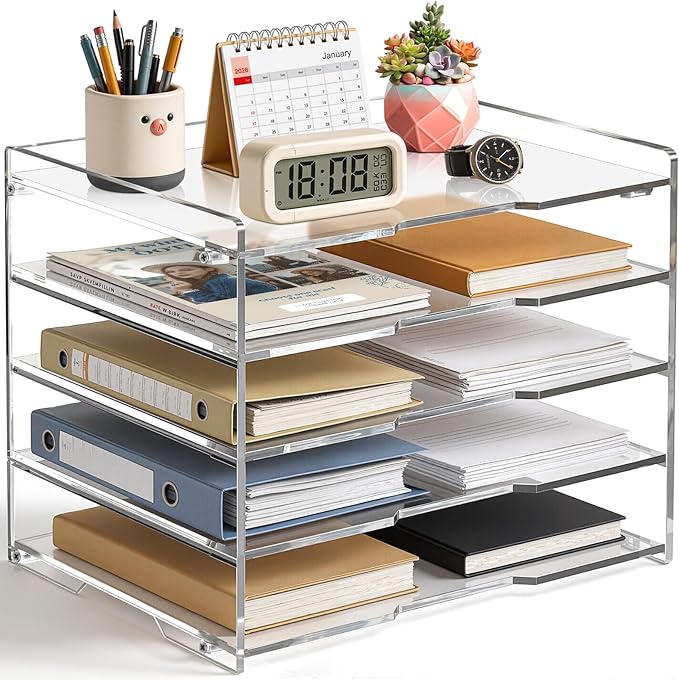 KKU 5 Tier Clear Acrylic Desk Organizer, Letter Tray Paper File Desk Organizer and Accessories For Office Supplies