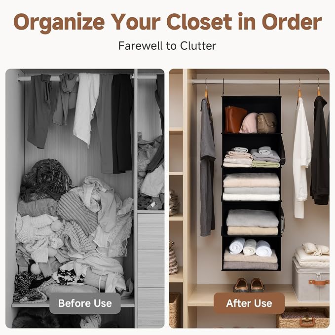 StorageWorks Hanging Closet Organizer, 5-Shelf Hanging Shelves with 2 Hooks, Foldable Space-Saving Design, Closet Organizers and Storage for Bedroom, Dorm, Locker, Black