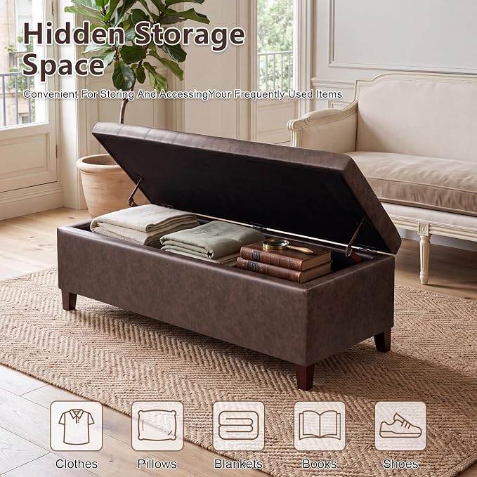 Joveco 51 Inch Storage Bench,Leather Tufted Storage Ottoman with Legs | Safety Hinges,Wooden Legs,End of Bed,Bedroom,Living Room,Entryway