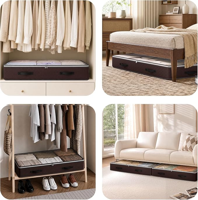 Budding Joy 6 Pack 90L Under bed Storage Containers Brown | Clothes storage bins foldable storage bags with clear window for blanket, comforter, sweaters, pillows, wrapping paper
