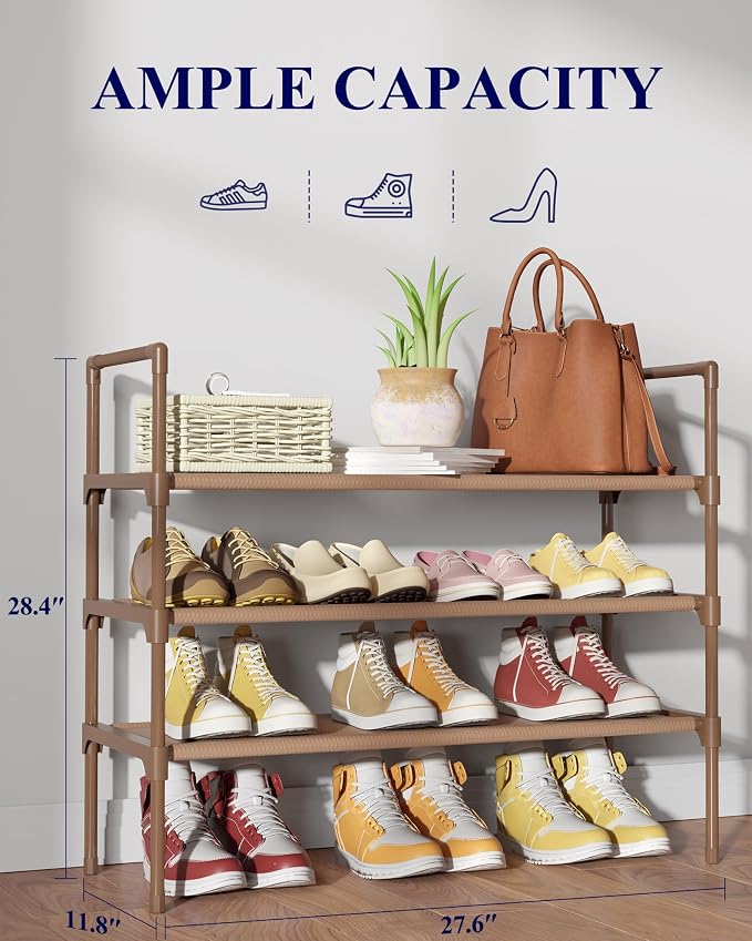 Kitsure Shoe Rack for Closet, Shoe Organizer, 27.6" Wide - 3 Tier, Brown | Shoe Storage for Closet, Entryway, Easy- Assembly& Space-Saving Shoe Shelf with Side Handle, Closet Organizer
