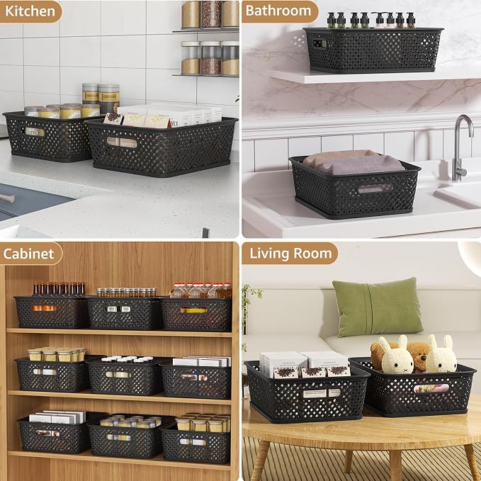 MaxGear 3 Pack Plastic Storage Baskets, Large, Black | Durable Woven Plastic with Built-In Handles, Suitable for Shelves, Closets, Cabinets, Bathrooms and Offices