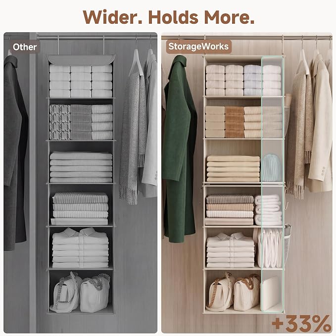 StorageWorks 6-Shelf Jumbo Closet Organizers, Two 3-Shelf Separable Hanging Shelves for Closet, 13 "D x 15" W x 47 ¼" H,Mixing of Beige, White & Ivory