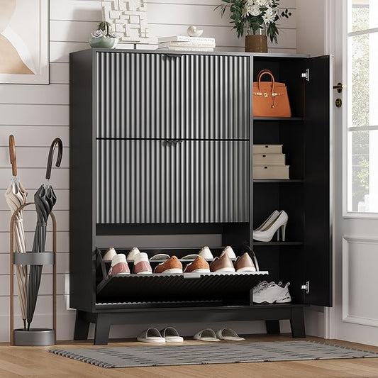 Shoe Cabinet Storage for Entryway with 3 Flip Drawers & Side Cabinet, Fluted Narrow Shoe Organizer with Wooden Leg, Freestanding Shoe Storage Hidden Shoe Rack Organizer for Front Door Entrance, Black