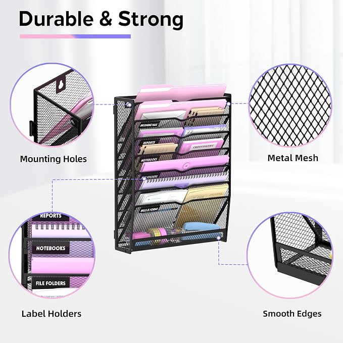 8-Tier Wall File Organizer with Base, Wall Mounted File Holder | Vertical Hanging File Organizer with Open Compartments and Label Holders for Mail, Folders and Paperwork at Home or Work