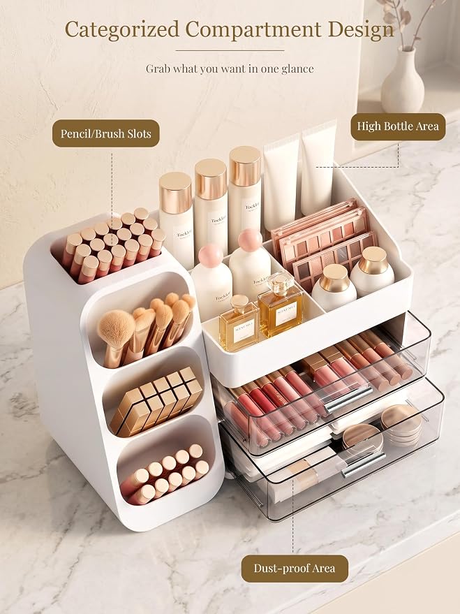 Booklov Large Makeup Organizer for Vanity Countertop, White | Clear Acrylic Cosmetic Display Case, Beauty Brush Holder for Bathroom Counter, Make Up Skincare Lipsticks Storage
