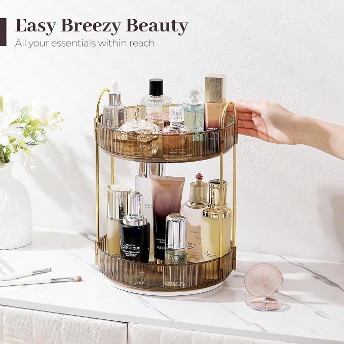 Aveniee 360 Rotating Makeup Organizer for Vanity, Perfume Sincare Organizers Bathroom Countertop Storage, Clear Cosmetics Lipstick Holder for Dresser,2 Tiers, Brown