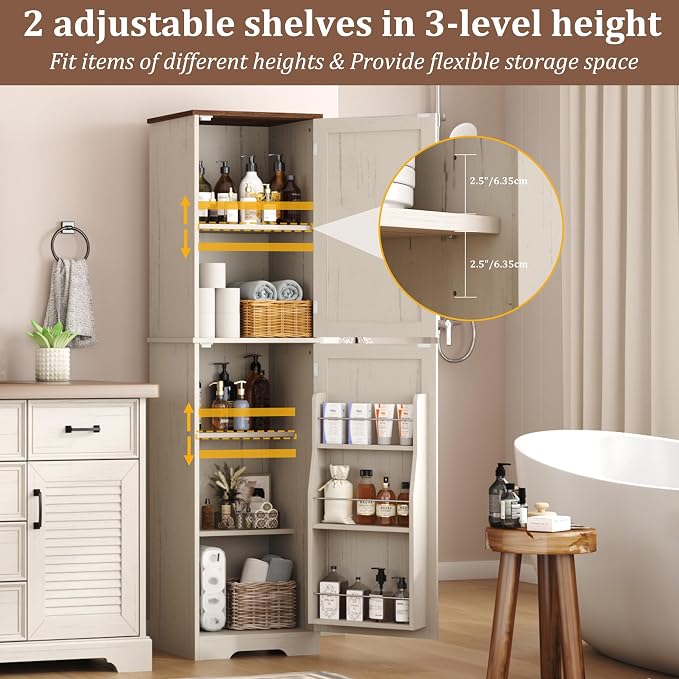 Function Home Farmhouse Kitchen Pantry Cabinet, 64" Tall Slim Bathroom Storage Cabinet, 5 Tier Wooden Floor Cabinets with Barn Doors and Adjustable Shelves for Dining Room Living Room, Antique White