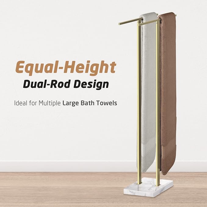 KES Brushed Gold Standing Towel Rack, 37" H, Heavy Marble Base, Bathroom | Equal-Height, Fits Large Bath Towels, Freestanding Design, Modern Luxury, 18/8 Stainless Steel Rustproof