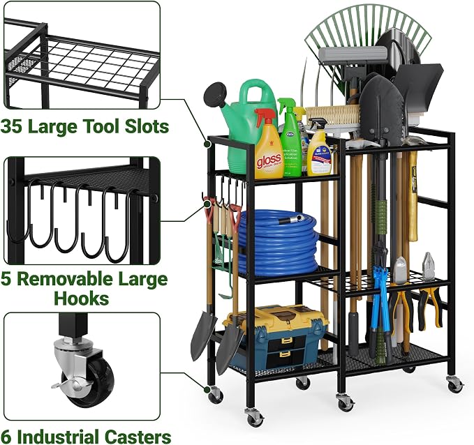 keomaisyto Garden Tool Organizer with 6 Industrial Wheels & Large Hooks | Rolling Yard Tool Storage Rack with 35 Slots, Heavy Duty Garden Tool Holder with Shelves for Garage, Shed, Outdoor Lawn