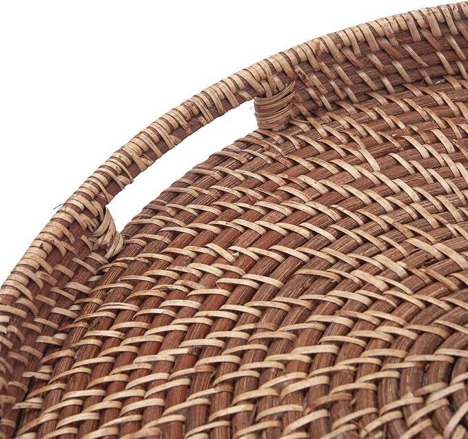 Round Rattan Woven Serving Tray with Handles Ottoman Tray for Breakfast, Drinks, Snacks for Coffee Table, Home Decorative (Honey Brown, 13.8"x2")