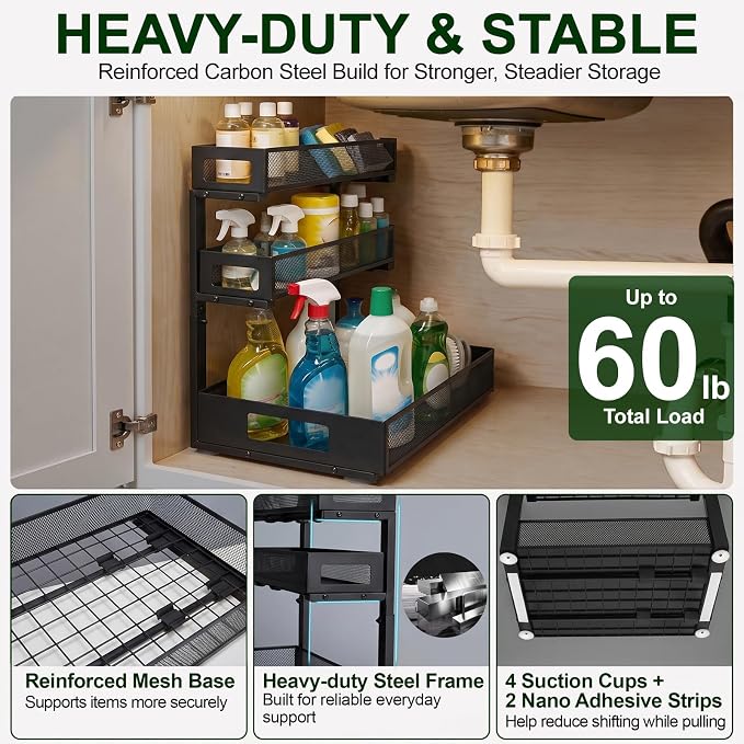 3 Tier Under Sink Organizer,1 Pack Pull Out Cabinet Shelves with Adjustable Height,Heavy Duty Carbon Steel L-Shaped Storage for Kitchen Bathroom Sink,Pantry & Laundry,Black