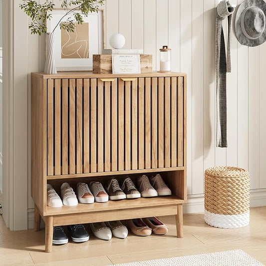 Kiasthome Shoe Storage Cabinet with Adjustable Shelves, Wooden Shoe Organizer, Shoes Rack for Entryway, Hallway, Living Room (Natural Wood, 27.56" W)