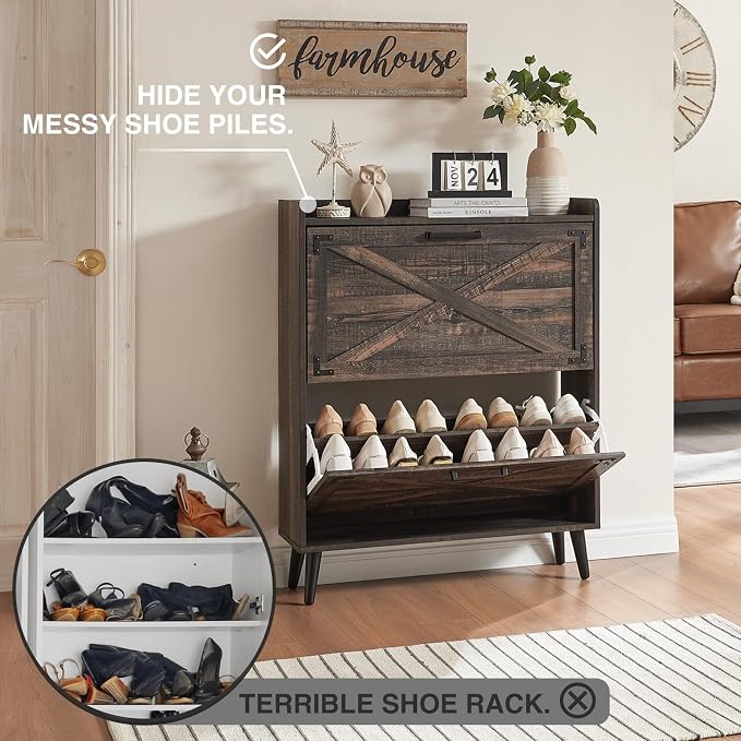 Barnyatoh Farmhouse Shoe Storage Cabinet with 2 Flip Drawers & Barn Door | Freestanding Hidden Slim Narrow Shoe Rack, Adjustable Shelves,Wood Shoes Organizer for Entryway, Foyer, Hallway,Dark Oak
