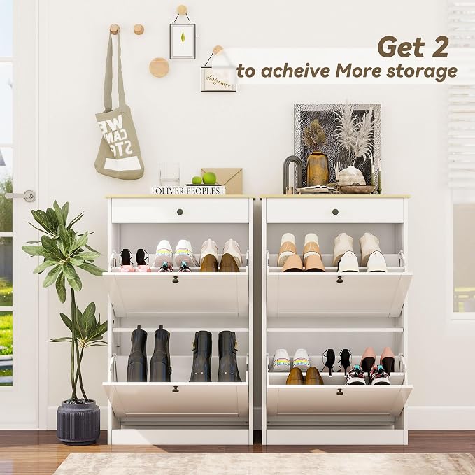 Shoe Storage Entryway with 2 Flip Drawers, Narrow Wooden Shoe Cabinet | Pet-Proof Hidden Shoe Organizer, Narrow Shoe Rack, Adjustable Dividers, Hold 8-10 Pairs, for Entryway Living Room