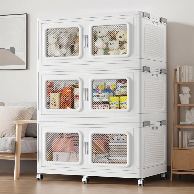 BROVIEW 660 Qt/165 Gal Stackable Storage Bins with Lids, 3 Pack, White | Large Stackable Storage Boxes w/ 3 Lid Folding Plastic Cart Organizer for Home Kitchen, Open Front Clear Door with Wheels
