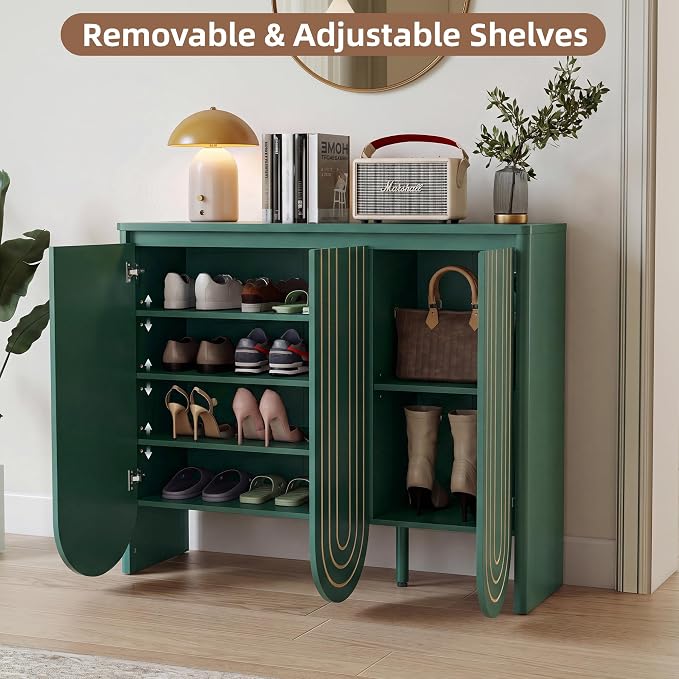 47" Large Shoe Cabinet for Entryway, Shoe Storage Cabinet with Adjustable Shelves, Mid-Century Modern Wooden Shoe Organizer with 3 Arched Doors, Extra Deep Shoe Rack for Sneakers & Boots (Green)
